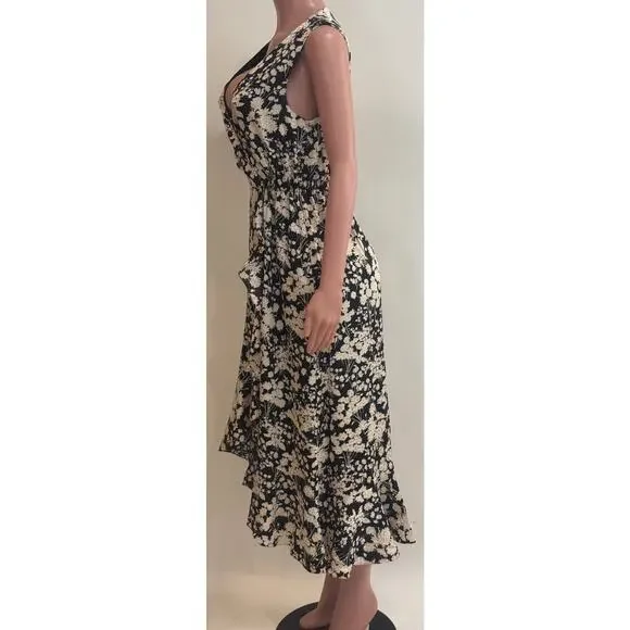 Rebecca Minkoff Assia Faux-Wrap Midi Dress Size S Black Cream Floral Flounce - Picture 6 of 14
